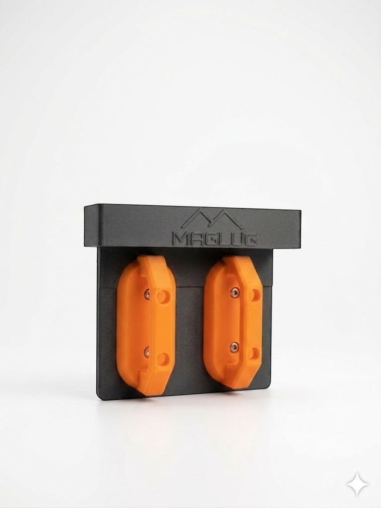 Cold Composites MagLug Magnetic Tool holder mount in black with two orange magnet handles. Carbon fiber reinforced composite